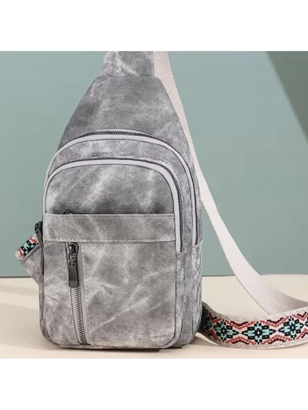 Gray Crossbody Bag with Patterned Strap NEW